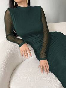 Modelyn 女式纯色简约日常长袖网眼连衣裙超长款女式长款晚礼服 - 墨綠色 - 查看 9