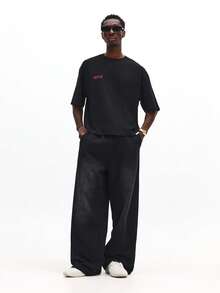 SUMWON Oversized Statement Text T-Shirt Legacy In Progress Short Sleeve Crew Neck Cotton Casual Streetwear Plain - Black - View 3