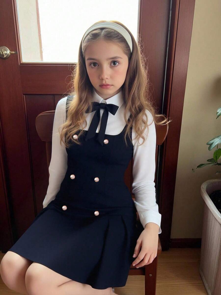 Sparklyn 少女甜美学院风蝴蝶结二合一拼色休闲连衣裙