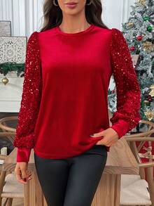 EMERY ROSE 女士拼接圆领长袖上衣，秋季可爱红色上衣，撞色亮片圣诞新年闪亮上衣，圣诞节 - 紅色 - 查看 3