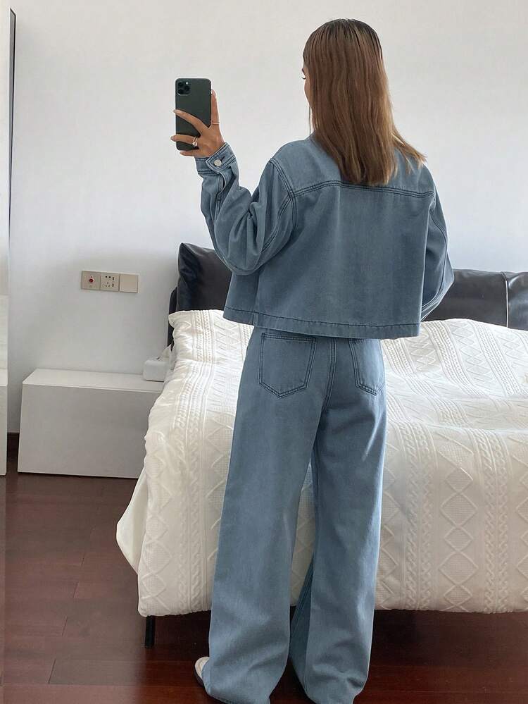 Women's Casual Collared Crop Top And Loose Fit Jeans Set