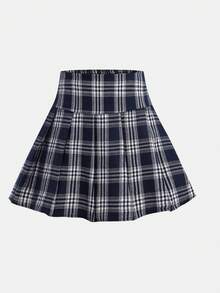 SHEIN Girlism 少女秋季校园风格校园服装，黑色立领针织毛衣长袖 T 恤和蓝白格子百褶裙两件套 - 藍色 - 查看 9