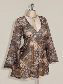 SHEIN ICON Váy peplum cổ chữ V tay loe họa tiết Paisley phong cách Bohemian cỡ lớn cho nữ - màu nâu - Xem 5