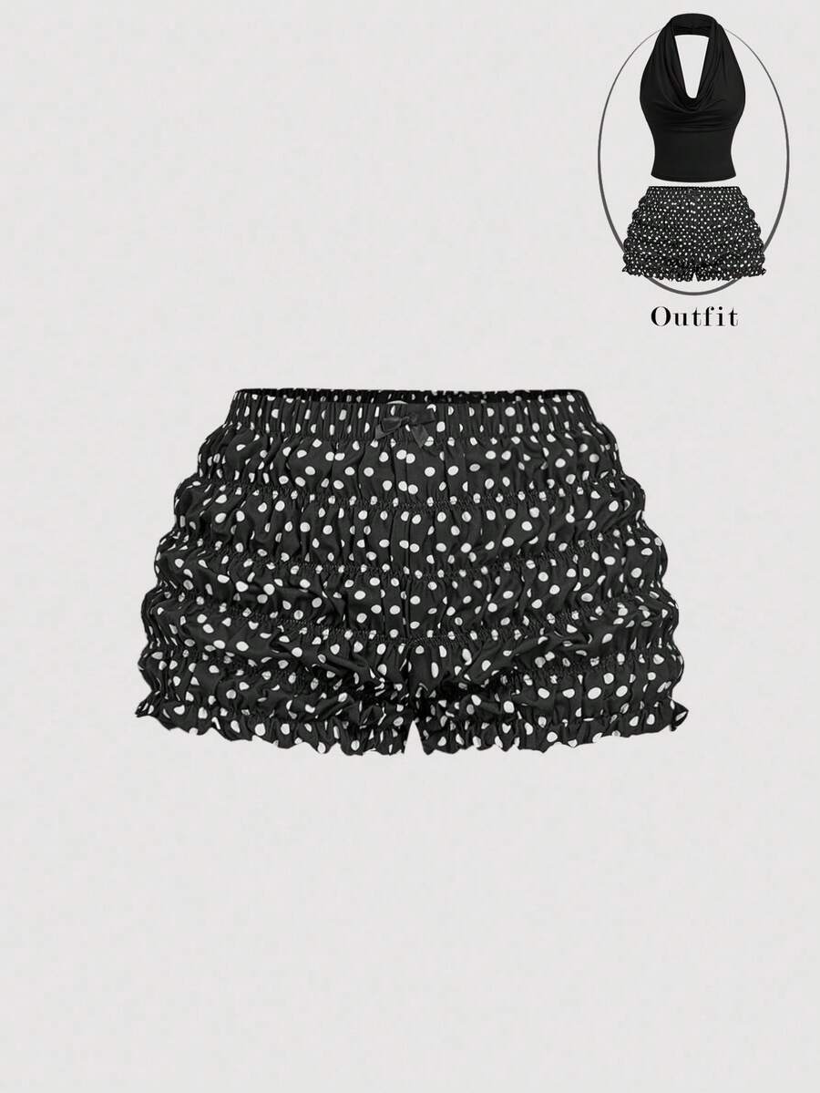 SHEIN MOD Quần short chấm bi đen trắng thường ngày mùa hè đa năng cho nữ, quần short dễ thương, quần short xếp nếp màu đen, quần short chấm bi, quần short chấm bi, quần short thu/đông, phong cách năm mới, phong cách phương Tây - Đen và trắng - Xem 1