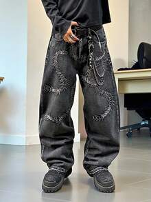 STEELVANCE Quần jeans ống đứng rộng rãi, giặt cũ, thêu côn trùng thời trang đường phố dành cho nam - màu đen - Xem 1