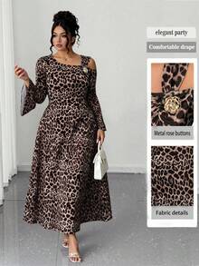 SHEIN Elenzya Plus Size Women Classic Leopard Print Asymmetric Shoulder Flare Sleeve Ruffle Decor Fitted Maxi Elegant Party Dress - Brown - View 1