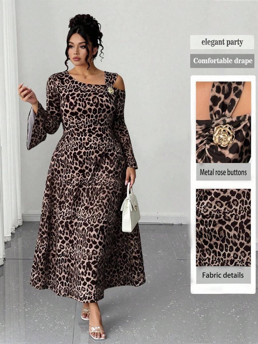 SHEIN Elenzya Plus Size Women Classic Leopard Print Asymmetric Shoulder Flare Sleeve Ruffle Decor Fitted Maxi Elegant Party Dress - Brown - View 1