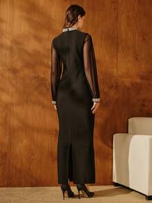 Anewsta 女士黑色水钻装饰长袖绷带罗纹连衣裙，优雅正式礼服，适合派对、婚礼、秋季、冬季、春季、新年等场合。