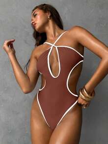 Aloruh 1pc Women's One-Piece Swimsuit, Color Block Design, Halter Neck, Hollow Out Bust And Waist, High Cut Leg - Brown - View 5