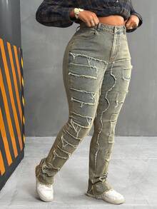 Slaydiva Quần ống loe denim rách cỡ lớn dành cho nữ, thương hiệu thời trang đường phố cao cấp, thiết kế chắp vá cá nhân hóa, đa năng - Rửa nhẹ - Xem 4
