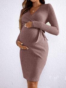 SHEIN Umstandskleid mit V-Ausschnitt, langärmlig, einfarbig - Altrosa - Übersicht 6