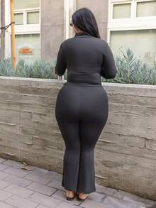 Truni Plus Size Casual Lightweight Yoga Jacket And Flare Pants 2 Pieces Set