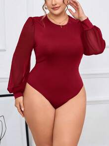 SHEIN Tall CURVE 加对比网眼灯笼袖优雅黑色紧身衣，冬季 - 酒紅色 - 查看 3