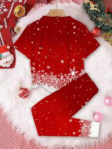 SHEIN Leap Crew 青少年女孩休闲圣诞快乐可爱驯鹿扎染雪花节日短袖圆领 T 恤和紧身裤睡衣套装 - 彩色 - 查看 3