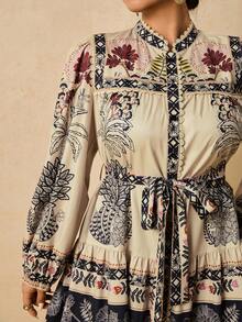 Travachic Damen Große Größen Kleid mit Langarm und Muster, Spitzenkragen, Taille mit Bindeband, romantischer Landstil, Western Kleid für den Herbst