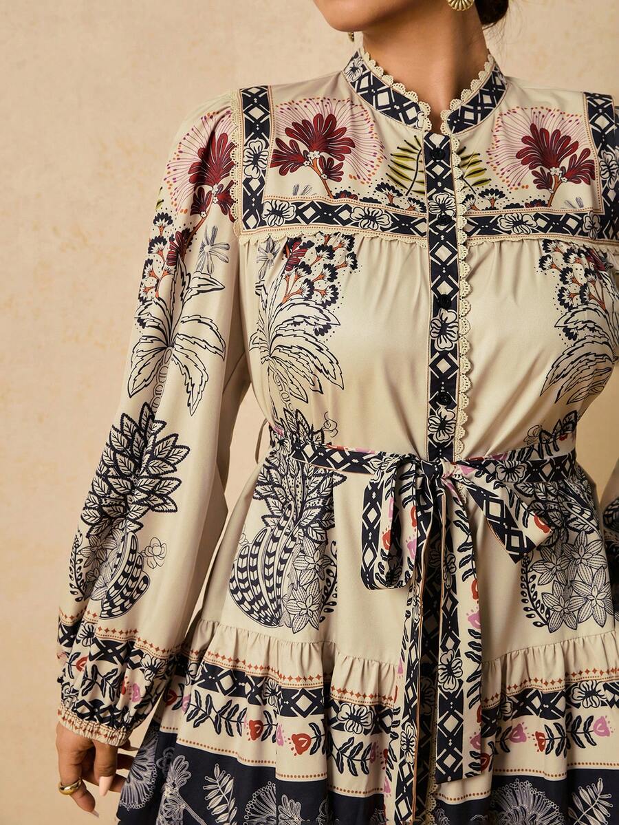 Travachic Damen Große Größen Kleid mit Langarm und Muster, Spitzenkragen, Taille mit Bindeband, romantischer Landstil, Western Kleid für den Herbst