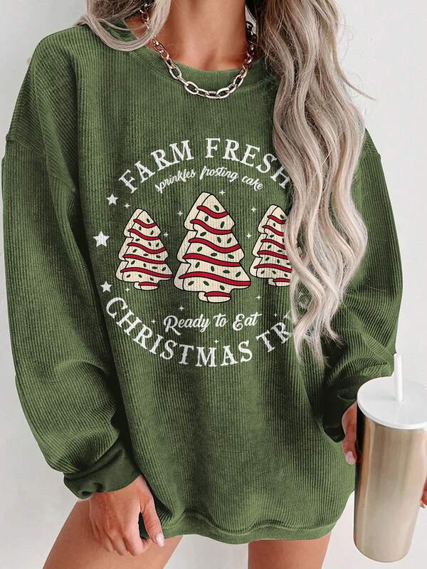 SHEIN Christmas Pattern & Letter Print Fashionable Minimalist Women Crew Neck Fleece Long Sleeve Sweatshirt, Gift For Friends, Autumn/Winter
