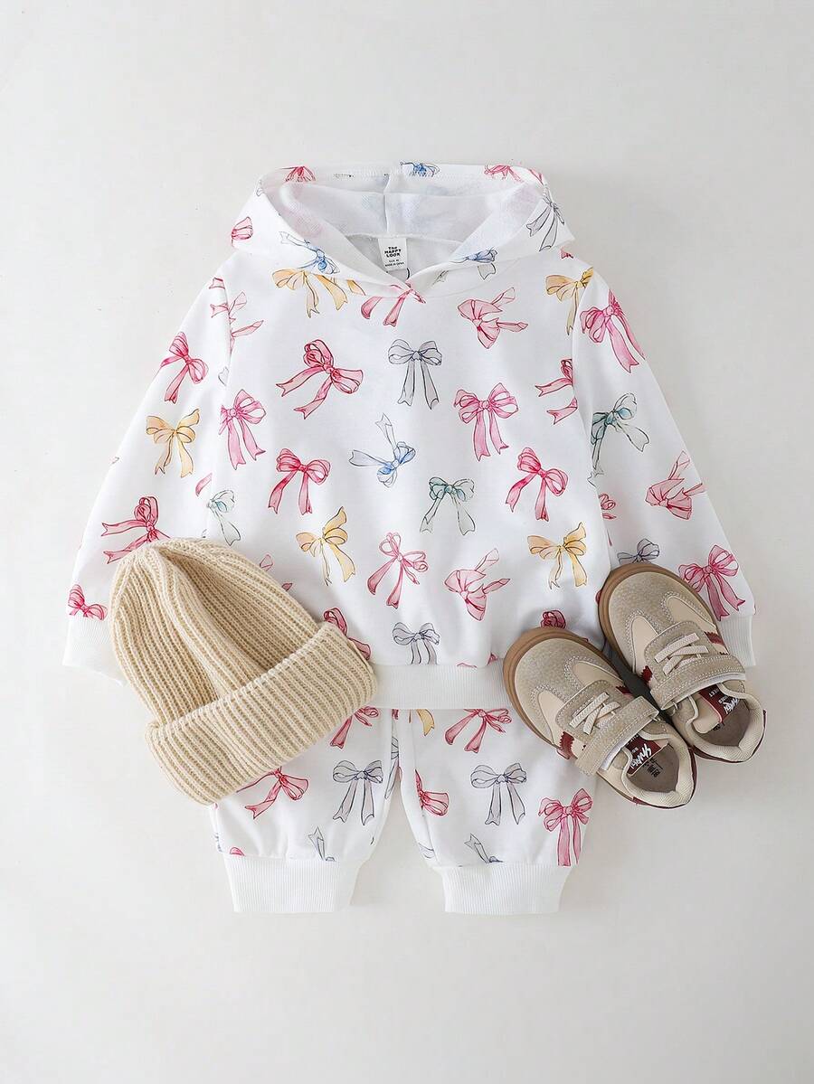 THE HAPPY LOOK 2pcs/Set Young Girl Bow Knit Soft Round Neck Long Sleeve Pullover Sweatshirt And Elastic Waist Pants - Multicolor - View 1