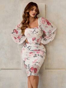 Roveilla Vestido midi de manga larga con volantes en la cintura, estampado floral, de malla tejida, elegante y romántico, para mujer de talla grande, para primavera/otoño