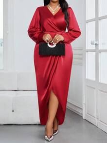 SHEIN Lady 加大码纯色 V 领褶饰优雅长袖连衣裙超长款女装秋季服装 - 紅色 - 查看 4