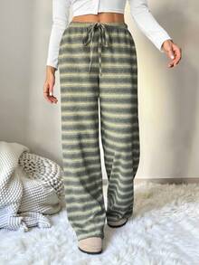 SHEIN Tall Bộ quần ống rộng cạp thấp đơn giản thoải mái cho nữ Bộ quần sọc Bộ quần thoải mái Bộ quần dài mặc nhà cho nữ - màu xanh lá - Xem 3
