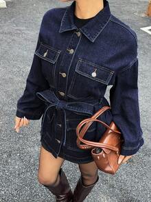 Siren Gaze 女式纯色腰带前扣长袖牛仔夹克 - 深色水洗藍 - 查看 3