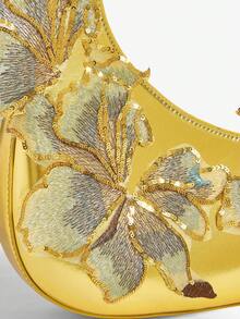 SHEIN SXY 女士、女式单肩包、流浪包、金色、刺绣亮片贴花、花朵、时尚、优雅、浪漫、简约、个性化、多功能、适合度假、节日、约会、日常、下午茶、派对、舞会、俱乐部、约会、生日、晚会、夜间约会 - 金色 - 查看 6