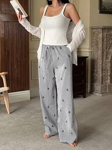 DAZY 3pcs/Set Casual Lightweight Solid Color Robe, Tank Top, And Loose Striped Bear Pattern Pants Sleepwear Pajama Set For Women, Winter Clothes - White - View 1