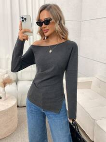 Easowa Asymmetric Shoulder Pleated Waist Long Sleeve T-Shirt, Casual Loose Elegant Commuter Style For Women, Autumn/Winter - Grey - View 3