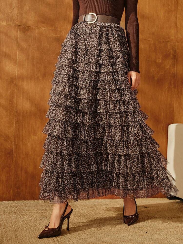 Autumn/Winter Stylish Gray A-Line Layered Leopard Print Tulle Skirt With Belt, Suitable For Going Out, Party, Wedding, Elegant, Chic, Fashionable, Christmas, Festival, Holiday