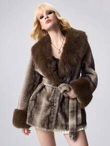 ROMWE EDITION Chaqueta de moda con cinturón, manga larga y cuello de piel sintética para mujer - Multicolor - Ver 6