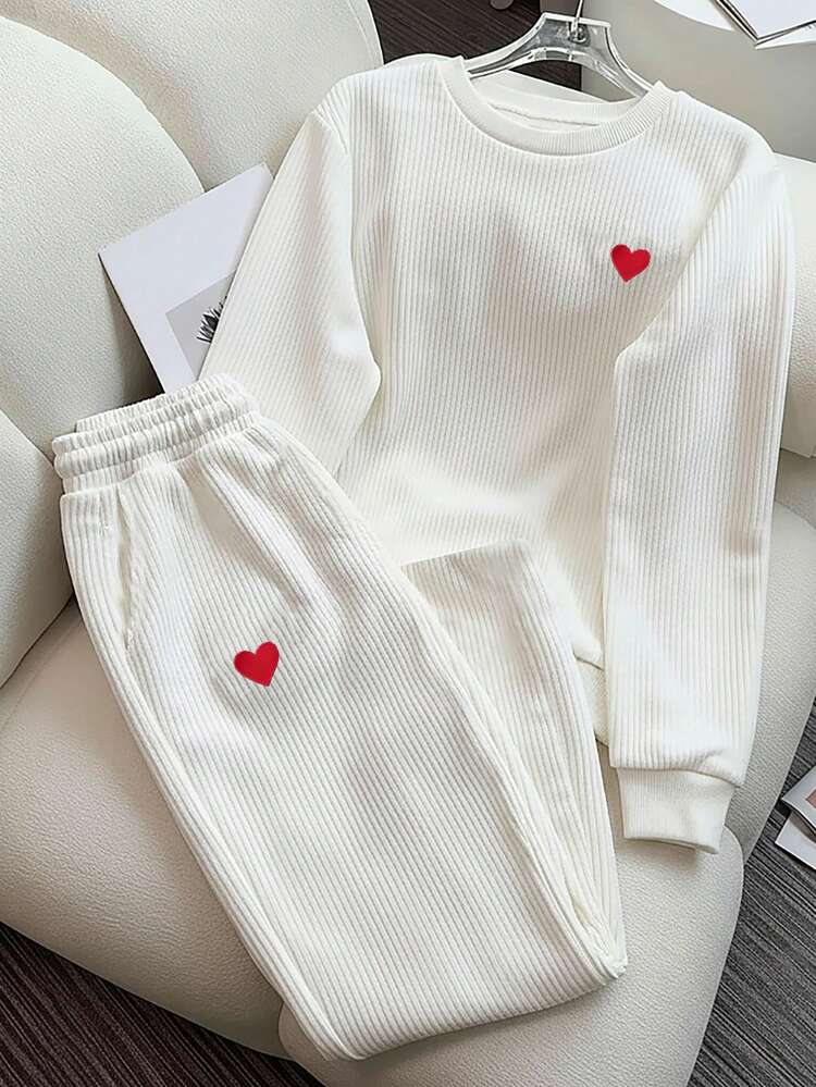 Resyla Set de 2 piezas Conjunto casual de mujer con bordado de corazón de pana, un regalo para amigos - Blanco - Añade 3