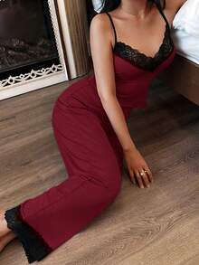 SHEIN Women's Sleepwear Set With Lace Trim Camisole And Pants - Burgundy - View 6