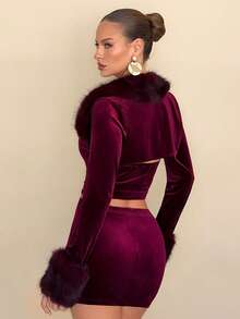 Rafferiza 3pcs/Set Plush Crop Top, Bandeau & Mini Skirt Sexy Women Outfit - Burgundy - View 2