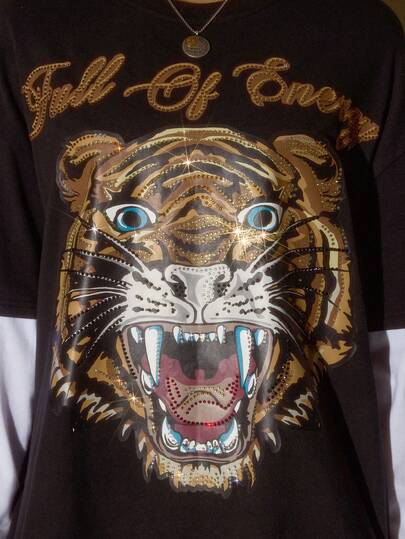 J-Fashion T-shirt oversize unisexe vintage Y2K style chinois de base avec imprimé tigre strass et couleurs contrastées