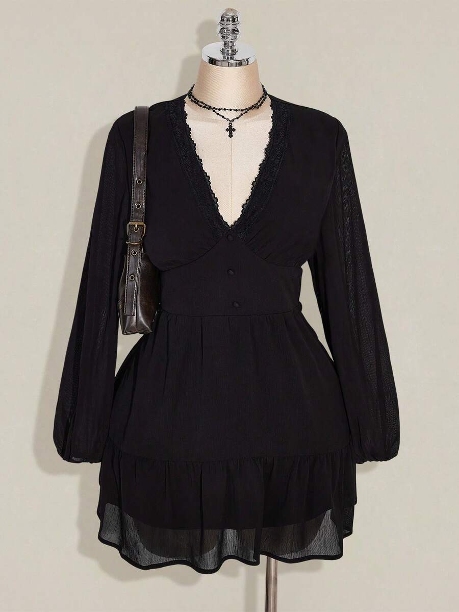 SHEIN ICON 大码女式黑色灯笼袖荷叶边下摆迷你连衣裙 - 黑色 - 查看 1