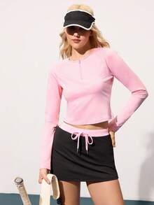 Gameset SHEIN Sport Women's Solid Color Minimalist Casual Zip-Up Long Sleeve Sports T-Shirt - Pink - View 5