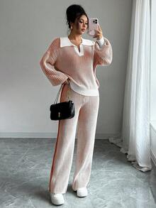 SHEIN Elenzya Bộ 2 áo len chui đầu cổ polo màu tương phản chắp vá cho nữ + quần dài, Thu/Đông - trái cam - Xem 4