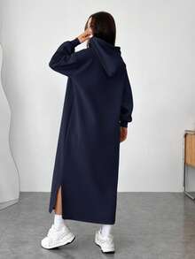 SHEIN EZwear Đầm dài dáng rộng màu xanh navy dành cho nữ, kiểu dáng thường ngày, chất liệu vải dệt kim, có vai rớt, tay dài và xẻ tà. - Màu xanh hải quân - Xem 2