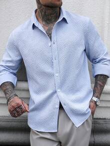Manfinity Homme Men's Blue Textured Geometric Casual Long Sleeve Shirt - Baby Blue - View 5