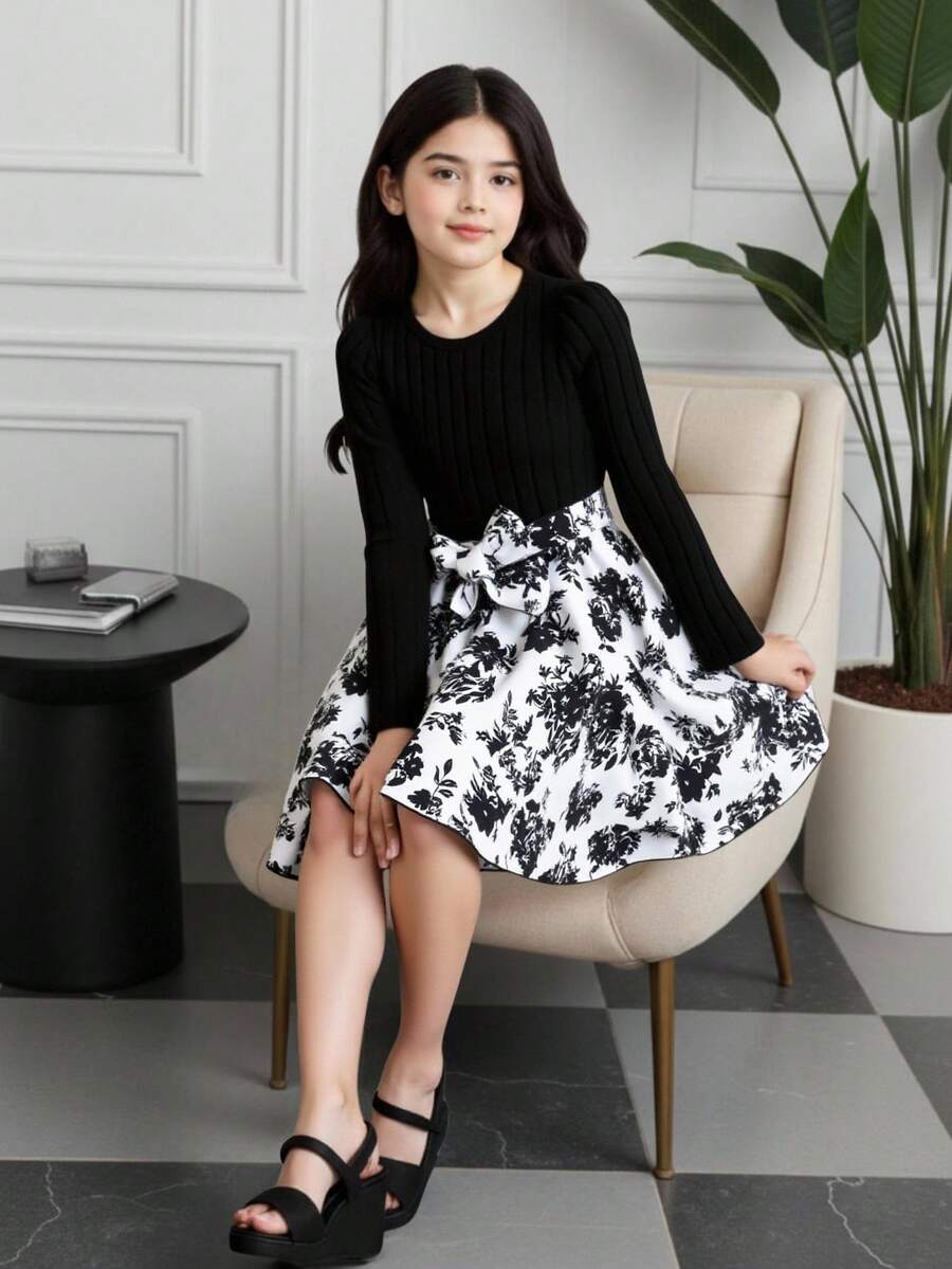 1pc Girls Crew Neck Long Sleeve Ribbed Knit Patchwork Floral Hem Dress, Sweet & Ladylike, Autumn - Black - View 1