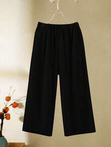 SHEIN 大码女式植物印花宽松上衣和阔腿裤两件套 - 黑色 - 查看 4