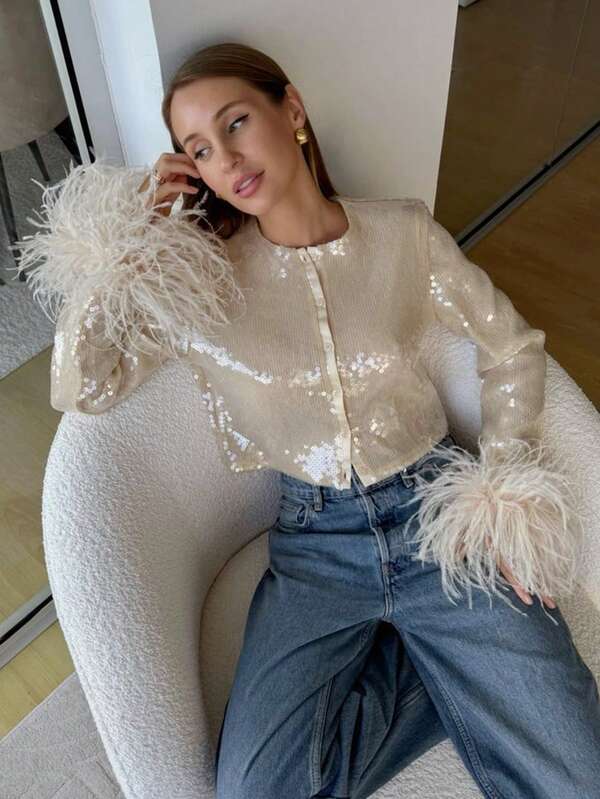 SHEIN Frenchy Damska jednorzędowa kurtka z okrągłym dekoltem i długim rękawem, w jednolitym kolorze, z cekinami i futerkiem, efektowna