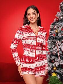 Women's Christmas Print Hooded Romper Fluffy Cozy Romper, Winter - Multicolor - View 3