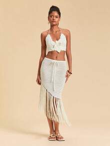 Travachic 女式不对称流苏下摆针织裙 - 白色 - 查看 6