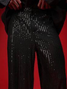 亮片直筒派对裤，带侧袋，适合特殊活动和庆典 - 黑色 - 查看 5