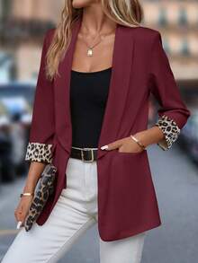 Editum 女式秋季休闲西装外套，豹纹拼接，3/4 袖 - 酒紅色 - 查看 4