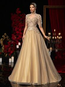 Glamrae Petite Đầm dạ hội trễ vai trang trọng dành cho nữ (được trang trí cầu kỳ) - Màu Khaki - Xem 7