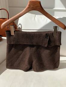 Comfortcana Women's Rib-Knit Casual Coffee Brown Mini Sweater Shorts In Plain Knitwear Brown Shorts Knit Shorts Shorts Elegant Shorts Autumn Winter Clothes For Women