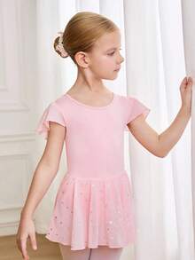 SHEIN Bộ đồ liền thân múa ba lê không tay cho bé gái, thiết kế nơ lưới mềm mại, lưới ngôi sao sáng bóng, co giãn thoải mái, thích hợp để khiêu vũ, yoga - Hồng - Xem 5